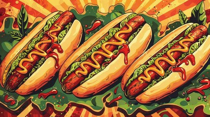 Classic retro hotdog poster, celebrating National Hotdog Day with detailed vintage illustrations of hot dogs, ketchup, and mustard, vibrant and nostalgic