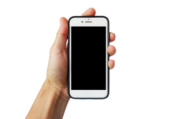 Man's hand holding a smartphone shown on a white background.