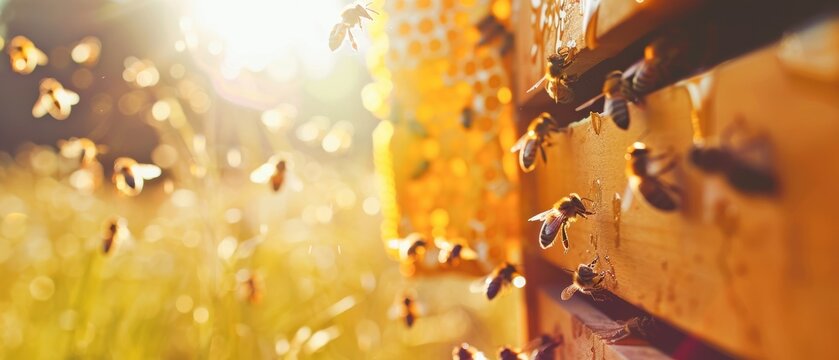 Bees flying around a hive, pollinators, honey production