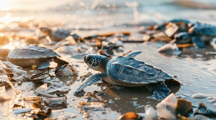 Baby sea turtles struggling through plastic debris to reach the ocean, wildlife survival, pollution impact
