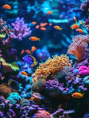 Fototapeta premium A lively coral reef featuring a diverse array of vibrant corals and tiny fish in seclusion.