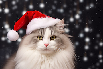 A long haired Maine cat wearing a Christmas hat