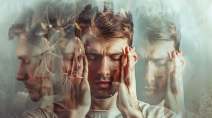 An artistic composition featuring a troubled young man with mental health issues, feeling overwhelmed and disconnected.