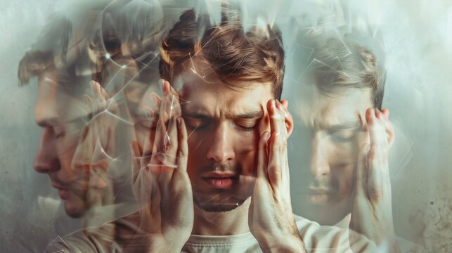 An artistic composition featuring a troubled young man with mental health issues, feeling overwhelmed and disconnected.