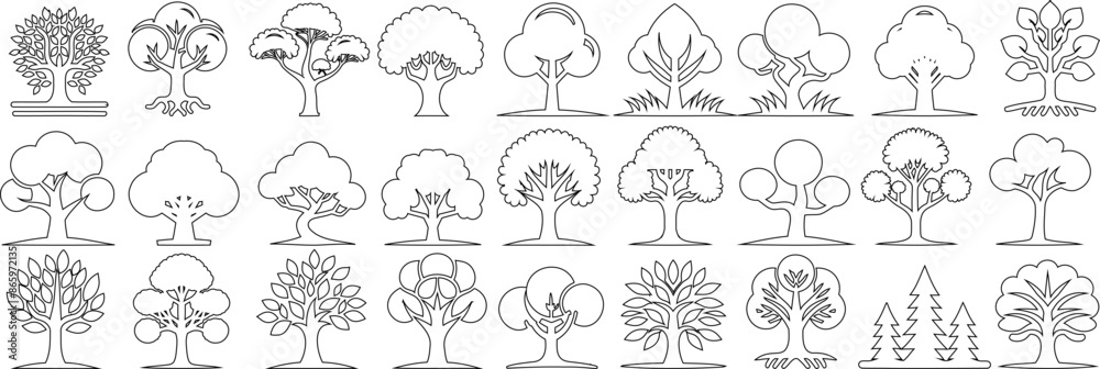Wall mural tree line illustration set, unique tree designs vector art. perfect for environmental projects, logo