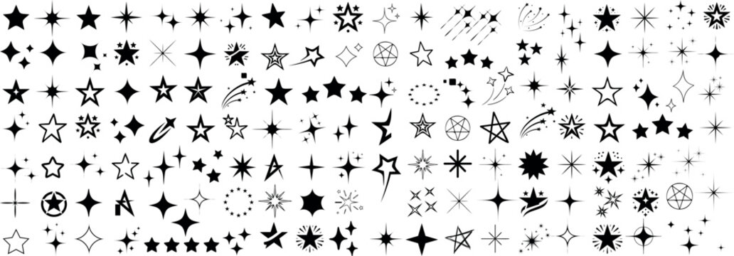 Star and sparkle icon set. Diverse star shapes for design, decoration, and celestial themes. sparkling star for logos, icons, and illustrations