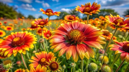 Vibrant gaillardia pulchella flowers with daisy-like petals in shades of yellow, orange, and red bloom in a sunny wildflower meadow landscape.