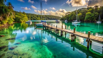 Serene morning scene of calm turquoise waters lapping against weathered wooden pier surrounded by lush greenery and sailboat masts.
