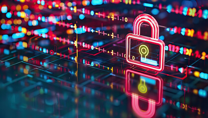 Fototapeta premium Holographic padlock amidst data streams and binary code in high-tech security setting
