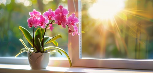 Vibrant orchid in a sleek white pot on a sunlit window sill, crisp and clear.