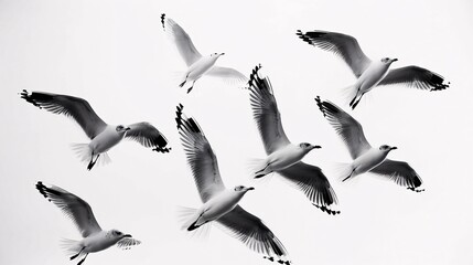 Obraz premium A monochromatic scene featuring black and white seagulls against a blank backdrop.
