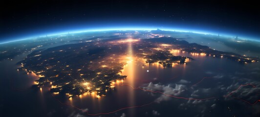 Fototapeta premium Space View of Earth: Blockchain and Global Network 3D Illustration