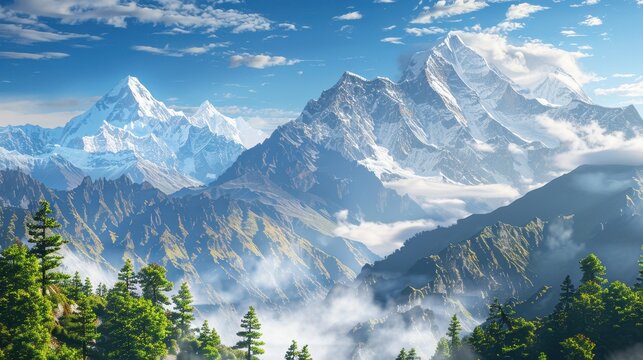 Majestic mountain range with snow-capped peaks and lush forests