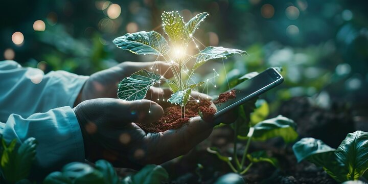 A savvy farmer using a mobile device and digital interface on a farm to manage crops through advanced technology for future production.