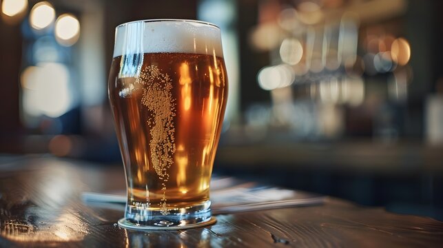 Close up view of a pint of golden amber beer with foamy head on a wooden table in a bar or pub
