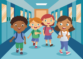 Happy kids walking in school corridor in the background Vector illustration.