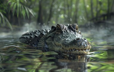 Obraz premium Close up of a crocodile or alligator in a swamp or river. Reptilian predator with scales and sharp teeth, wildlife photography.