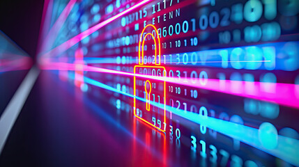 Fototapeta premium Neon-lit padlock with data lines and binary code in digital space