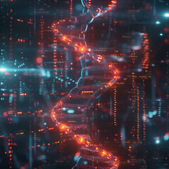 Obraz premium Futuristic city skyline with DNA strand in foreground.