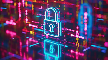 Obraz premium Neon-lit padlock with data lines and binary code in digital space