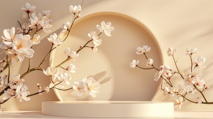 Geometric podium for product display with spring blossoms on beige backdrop Front view