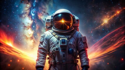 Astronaut's Futuristic Suit Illuminated Against Galactic Backdrop,Red Shift Ambience Celebrates Nighttime Discovery in Cosmos