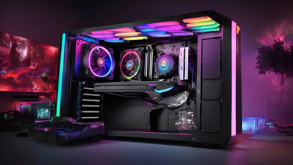 A tech dream with a custombuilt PC case on display, LED lights, and an ultrawide monitor, Generative AI



