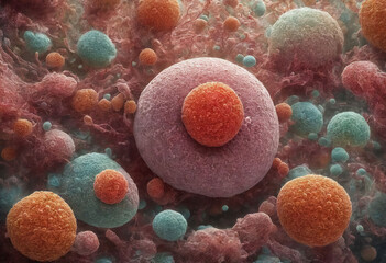 A microscopic view of Saccharomyces boulardi yeast, emphasizing its ability to multiply and spread rapidly in a given environment through the processes of budding and cell division Generative AI 