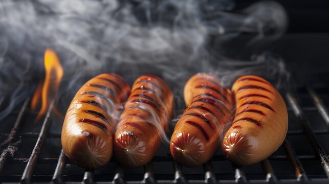 Hot dogs cooking with visible smoke and fire, dark background, detailed textures, mouthwatering and delicious