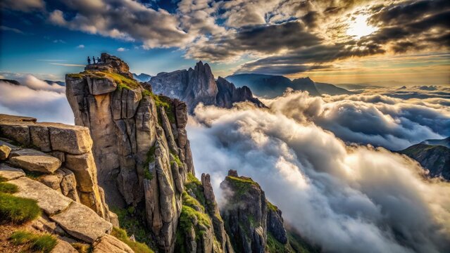 Rocky mountain cliff edge with steep drop, dramatic misty clouds, and rugged terrain in a suspenseful atmosphere.