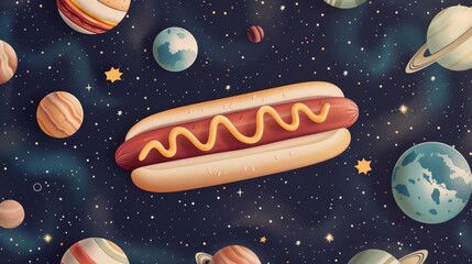 Hotdog in space celebrating National Hotdog Day, galaxy backdrop, planets and stars, detailed and whimsical, vibrant cosmic scene