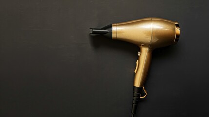 Fototapeta premium Gold hair dryer on black backdrop with space for text Overhead view flat arrangement