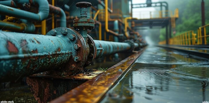 A close-up view of industrial pipelines and valves in a factory setting. The pipes are rusty and show signs of wear and tear