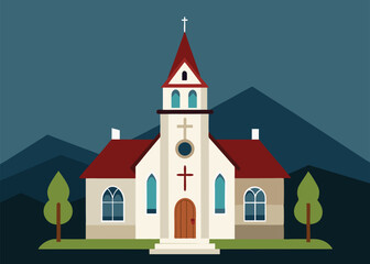 Traditional Icelandic church in the background Vector illustration