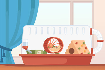 Obraz premium Transparent plastic hamster cage with small house, wheel and hanging drinker. Cute cartoon animal design,with room on background. Vector illustration