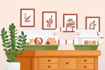 Transparent plastic hamster cage with small house, wheel and hanging drinker. Cute cartoon animal design,with room on background. Vector illustration