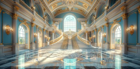 A realistic fantasy interior of the royal palace. gold and red palace. castle interior. Fiction Backdrop