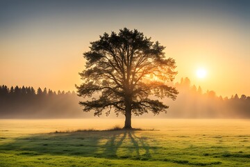 sunrise and alone tree in a land 4k desktop wallpaper
