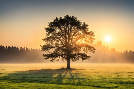 sunrise and alone tree in a land 4k desktop wallpaper