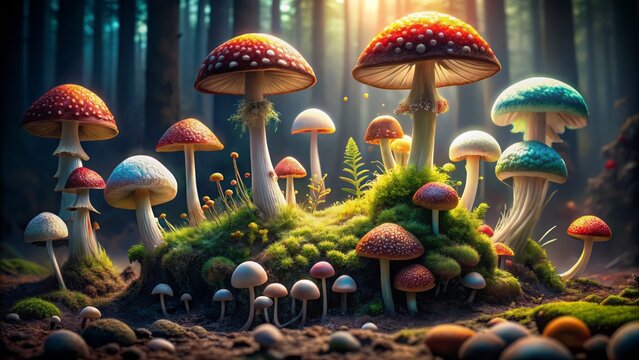 Vibrant, whimsical illustration of assorted mushrooms sprouting from mossy ground, set against a dramatic black background with crisp white border.