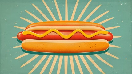 Vintage-style National Hotdog Day poster, hotdog illustration with mustard and ketchup, nostalgic design, celebratory atmosphere, vibrant and fun