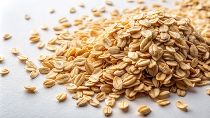 Obraz premium Golden oat flakes scattered randomly on a pristine white background, showcasing their wholesome texture and natural earthy color.