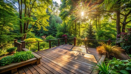 Weathered wooden deck surrounded by lush greenery and shrubs with sunlight filtering through trees in a serene outdoor setting.