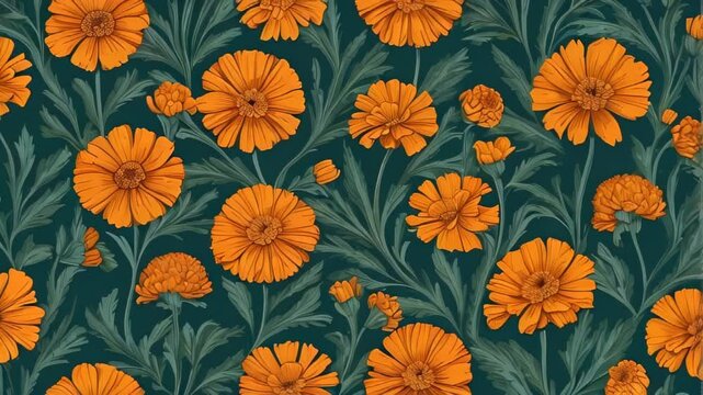 Animated pattern of orange flowers on a teal background
