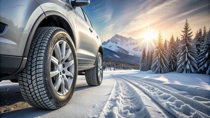 Freshly installed snow-ready radial tires with deep treads and sleek design on a silver metallic car in a snowy landscape backdrop.