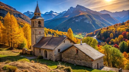 Dramatic autumn hues surround rustic Saint Marcellin church's ancient bell tower in picturesque Nevache village, Hautes Alpes, France.