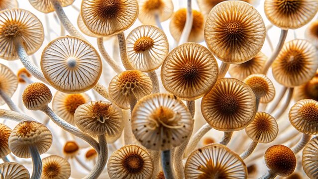 Microscopic details of Psilocybe cubensis fungal spores on white background with intricate patterns and delicate wispy tendrils unfolding naturally.