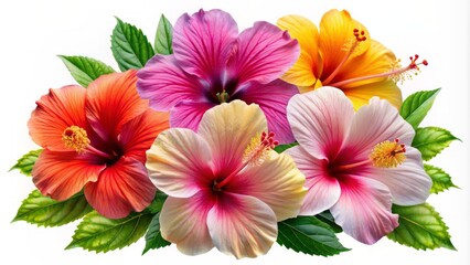 Vibrant colored hibiscus flowers with delicate petals and prominent centers isolated on a pure white or transparent background for design.