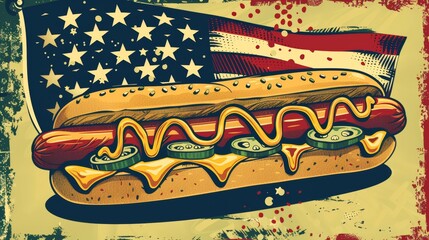 National Hot Dog Day celebration, American flag draped behind a classic hotdog, retro poster design, vintage typography and style