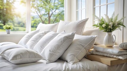 Soft, plush pillows overflowing in a serene white space, evoking tranquility and inviting relaxation for a restful slumber experience.